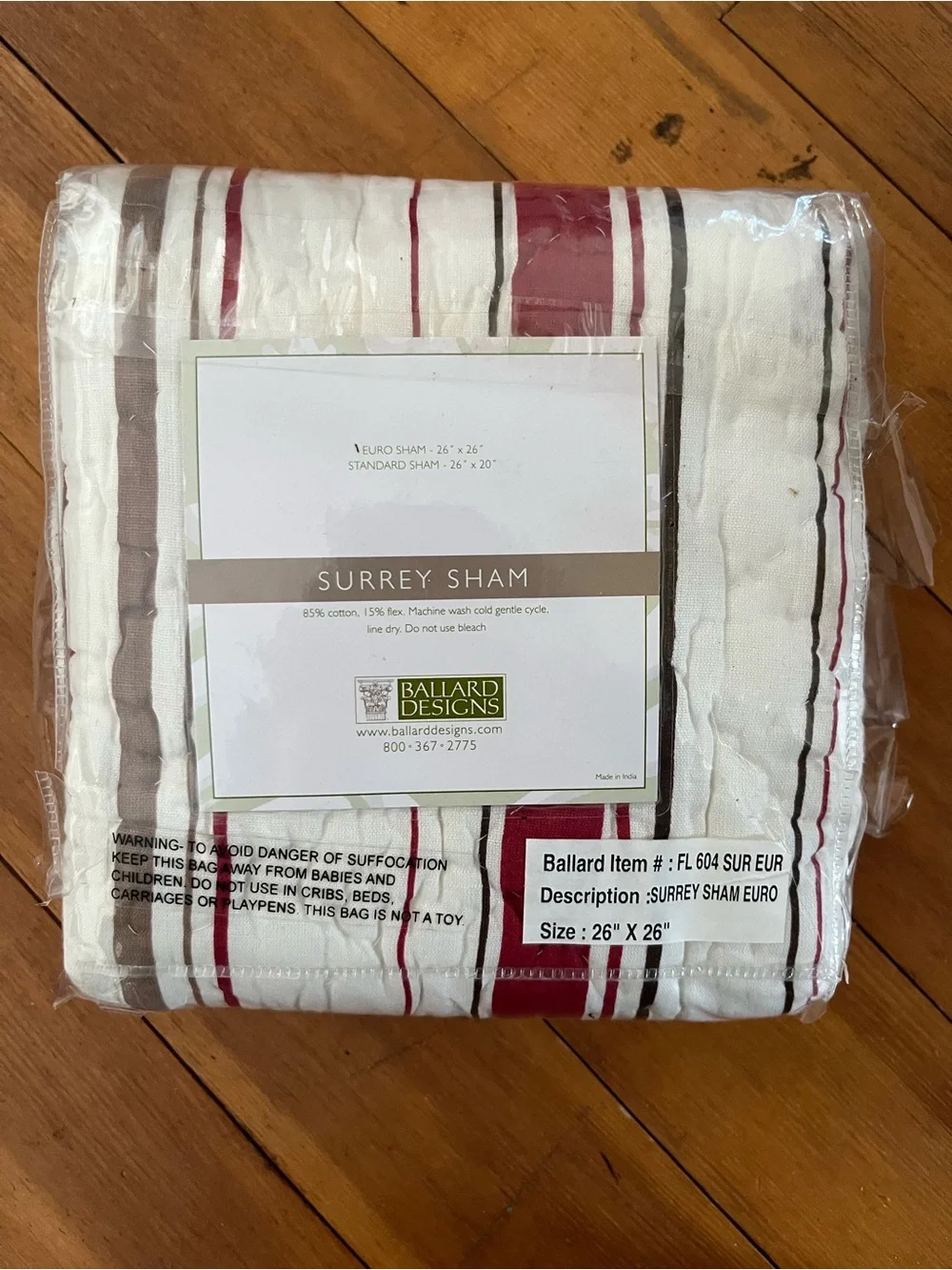Ballard Designs Striped Red, Brown and White Quilted Euro Sham 26” x 26”